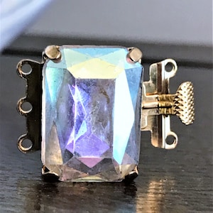 Vintage 3 Strand Aurora Borealis Crystal Cabochon Box Clasp, Vintage Box Clasp, Rectangle Box Clasp, Necklace Clasp, AB Three Strand Clasp