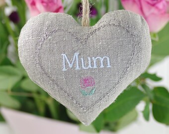 Personalised Fabric Hanging Heart, Door Hanger, Linen Heart, Heart Hanger, Fabric Heart, Mother's Day, Christening, New Baby...