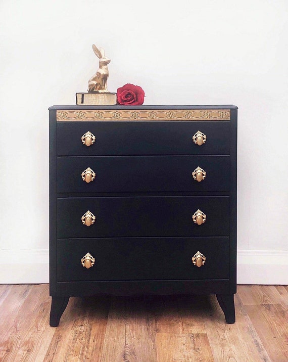 Sold Sold Painted Black And Gold Chest Of Drawers Etsy