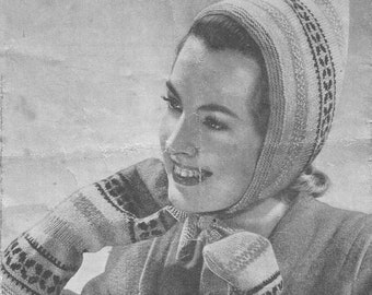 Fair Isle Pixie Hood & Mitts. 1940s Knitting PDF Pattern. Instant Download