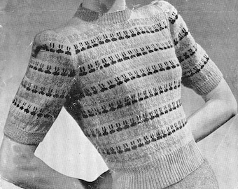 1940s Fair Isle Jumper / Sweater / Blouse Knitting Pattern  - Digital PDF INSTANT DOWNLOAD