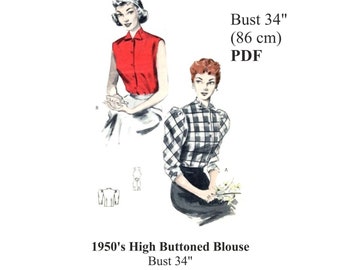 Blouse Pattern 1950s Victorian Style Women's Puff Sleeved Wing Collar Blouse Vintage Sewing Top Sewing Pattern Bust 34" PDF Instant Download