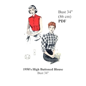 Blouse Pattern 1950s Victorian Style Women&#39;s Puff Sleeved Wing Collar Blouse Vintage Sewing Top Sewing Pattern Bust 34&quot; PDF Instant Download