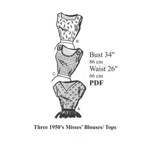 1950s Three Rockabilly Pinup Blouses Tops Sewing pattern Bust 34&quot; PDF Instant Download Small Top Pattern