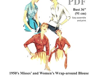 1950s Wrap-Around Blouse Top Sewing Pattern Bust 36" (91 cm) PDF Instant Download