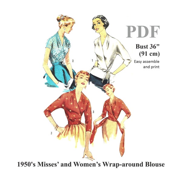 1950s Wrap-Around Blouse Top Sewing Pattern Bust 36" (91 cm) PDF Instant Download