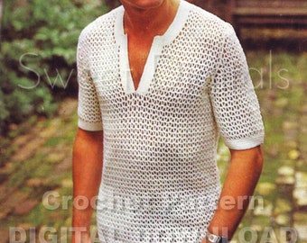 Mens Mesh Crochet Shirt. Chest 36"-42". Vintage. PDF Pattern. Instant Download