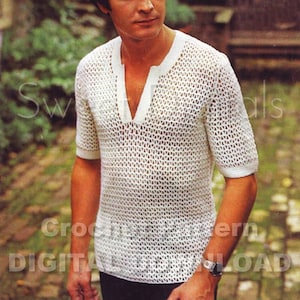 May include: A white crochet shirt with a V-neck and short sleeves. The shirt has a loose, open weave.