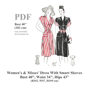May include: A printable PDF sewing pattern for a women's dress with smart sleeves. The pattern includes instructions for a striped dress with a red and white stripe and a black dress with a white collar and cuffs. The pattern is for a bust size of 40 inches, a waist size of 34 inches, and hips of 43 inches. The text on the pattern reads "PDF, Bust 40" (102 cm), Easy assemble, A4 printable file, Women's & Misses' Dress With Smart Sleeves, Bust 40", Waist 34", Hips 43" (B102, W87, H109 cm)"