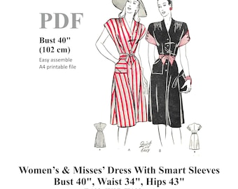 1940s Dress With Smart Sleeves Sewing Pattern Bust 40" (102 cm) PDF Instant Download