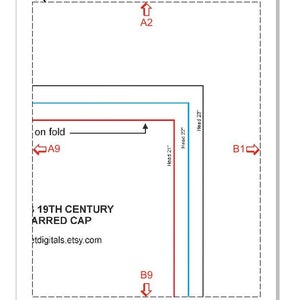 May include: A black and white printable pattern for a 19th century arered cap. The pattern includes measurements for head sizes 21, 22, and 23 inches. The pattern is available for download at stdigitals.etsy.com.