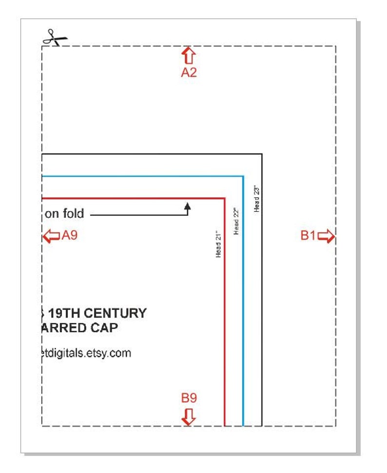 May include: A black and white printable pattern for a 19th century arered cap. The pattern includes measurements for head sizes 21, 22, and 23 inches. The pattern is available for download at stdigitals.etsy.com.