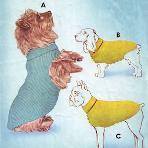May include: A diagram showing three different dog sweaters labelled A, B, and C. The sweaters are blue, yellow, and yellow. The sweaters are shown on different dog breeds.