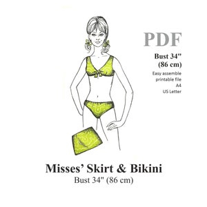1970s Bikini & Skirt Digital Sewing Pattern Bust 34&quot; (86 cm) PDF Instant Download