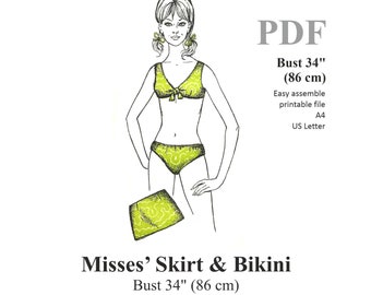 1970s Bikini & Skirt Digital Sewing Pattern Bust 34" (86 cm) PDF Instant Download