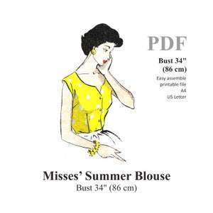 1950s Misses&#39; Summer Pinup Blouse Sewing pattern Bust 34&quot; - 86 cm PDF Instant Download