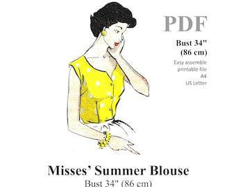 Jaren 1950 Misses' Summer Pinup Blouse Naaipatroon Buste 34" - 86 cm PDF Instant Download