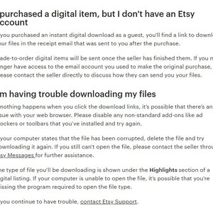 May include: Text-based instructions on how to download digital items purchased on Etsy, even if you don't have an Etsy account. The text explains how to download instant digital downloads, made-to-order items, and how to troubleshoot download issues.