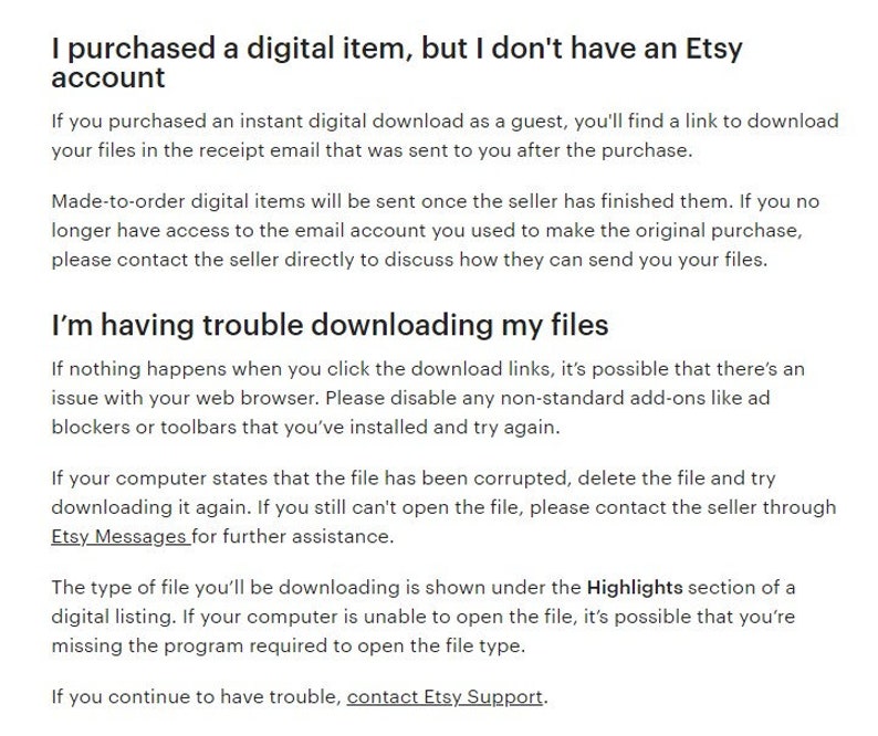May include: Text-based instructions on how to download digital items purchased on Etsy, even if you don't have an Etsy account. The text explains how to download instant digital downloads, made-to-order items, and how to troubleshoot download issues.