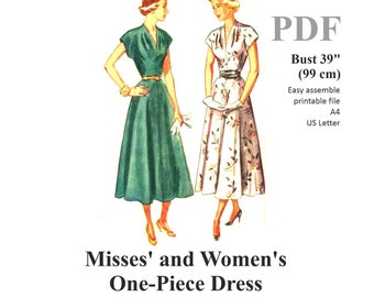 1940-1950s One Piece Dress Sewing Pattern Bust 39" (99 cm) PDF Instant Download