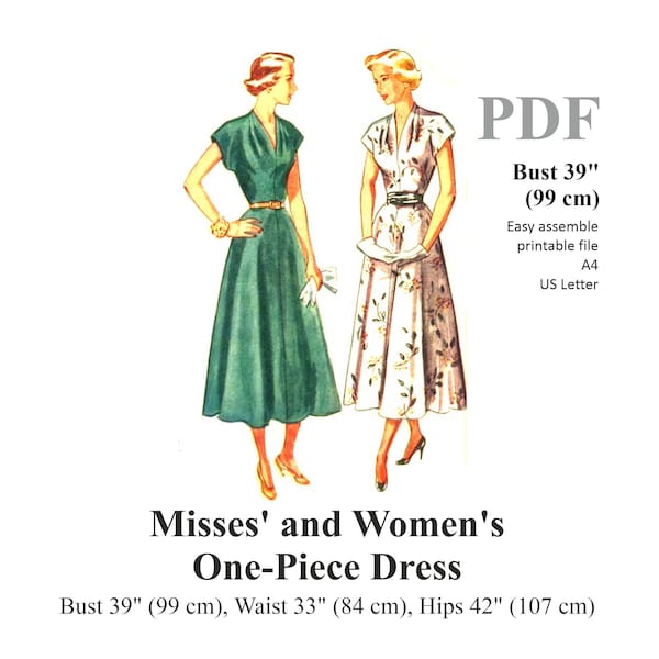 1940-1950s One Piece Dress Sewing Pattern Bust 39" (99 cm) PDF Instant Download