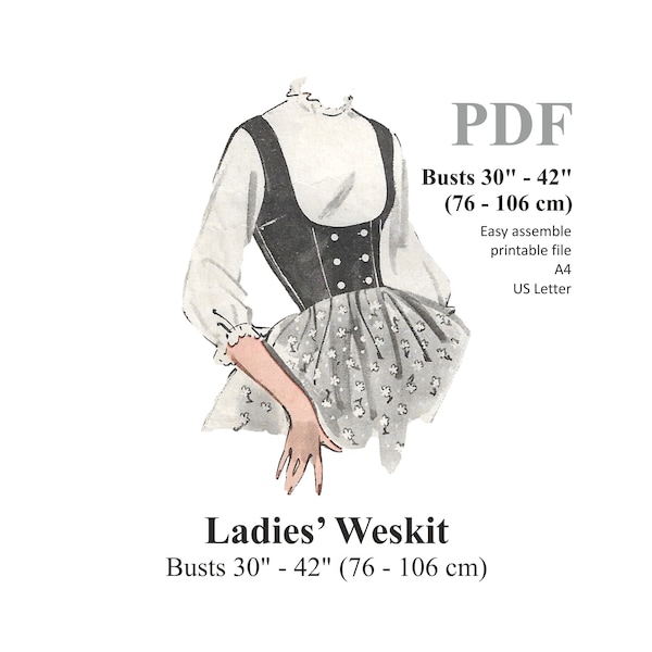 Ladies Waistcoat / Vest Sewing Pattern. Steampunk, Victorian, Edwardian Style or Cosplay. Busts 30" - 42" (86 - 106 cm) PDF Instant Download