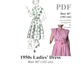 1950s Ladies' Dress Sewing Pattern Bust 40" (102 cm) PDF Instant Download