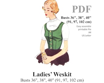 Ladies Waistcoat / Vest Sewing Pattern. Medieval Style. Busts 36" - 40" (91 - 102 cm) PDF Instant Download