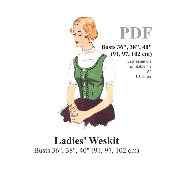 Ladies Waistcoat / Vest Sewing Pattern. Medieval Style. Busts 36" - 40" (91 - 102 cm) PDF Instant Download