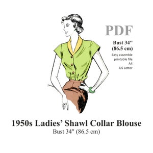Blouse Pattern 50s Shawl Collar Blouse Sewing pattern Bust 34&quot; PDF Beginners Sewing Pattern Instant Download