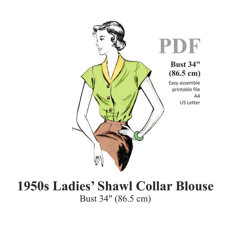 PDF - 1950's Sewing Pattern:  Raglan Blouse, Adaptable Collar - Bust 38