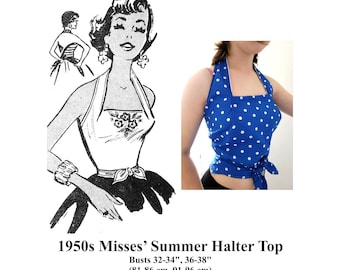 1950s Wrap Halter Top Sewing Pattern /  Busts 32 - 34 & 36 - 38 Inches / PDF Instant Download