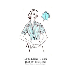 1950s Tailored Blouse Top Sewing Pattern Bust 38&quot; PDF Instant Download
