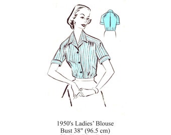 1950s Tailored Blouse Top Sewing Pattern Bust 38" PDF Instant Download