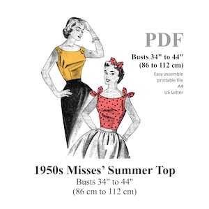 Pinup Top Sewing Pattern 1950s Misses&#39; Summer Pinup Tops Sewing pattern Bust 34&quot; To 44&quot; PDF Instant Download
