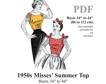1950s Misses' Summer Pinup Tops Sewing pattern Bust 34" To 44" PDF Instant Download