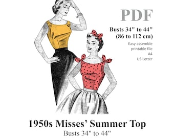 1950s Misses' Summer Pinup Tops Sewing pattern Bust 34" To 44" PDF Instant Download