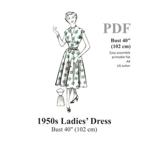 1950s Ladies&#39; Dress Sewing Pattern Bust 40&quot; (102 cm) PDF Instant Download