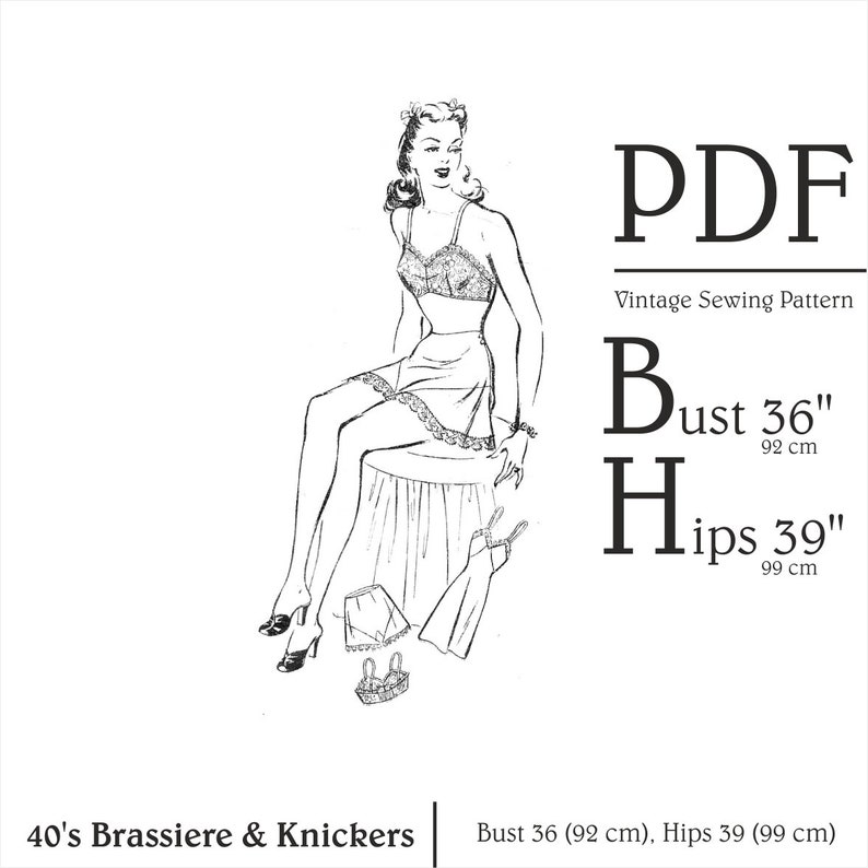 1940s Lingerie & Undergarments- Bra, Girdle, Slips, Underwear History 40s Brassiere & Knickers Sewing pattern Bust 36 Bra Sewing Pattern PDF Vintage Lingerie Pattern Tap Pants French Knickers Instant Download $4.03 AT vintagedancer.com