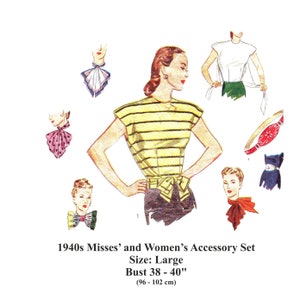 1940er Jahre Damen Bluse & Accessoires Digitales Schnittmuster Sofortiger Download PDF Krawatte auf Bluse Gürtel Schals Einstecktuch Größe Large B40