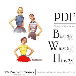 50s Fitted Blouse in 3 Styles Sewing pattern Bust 36&quot; PDF Sewing Pattern Instant Download