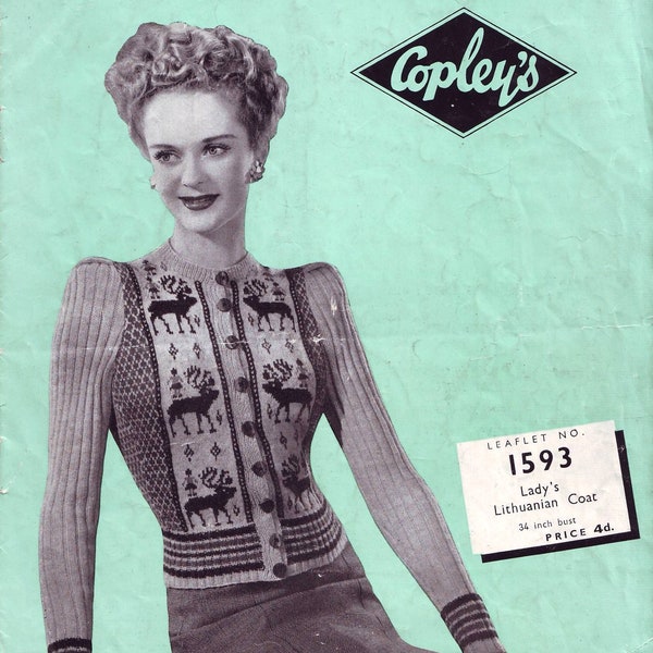 1940s Knitting Pattern for Womens Lithuanian Cardigan / Jacket - Copleys 1593 - Digital PDF INSTANT DOWNLOAD