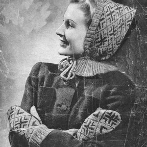 Fair Isle Pixie Hood & Mitts. 1940s Knitting PDF Pattern. Instant Download