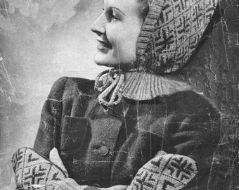 Fair Isle Pixie Hood & Mitts. 1940s Knitting PDF Pattern. Instant Download