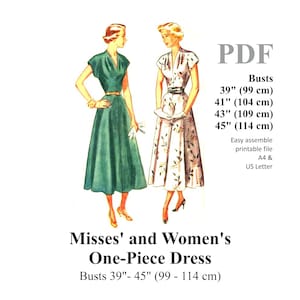 Dress Pattern Late 1940s One Piece Dress Sewing Pattern Busts 39&quot; - 45&quot; (99 - 114 cm) PDF Instant Download Vintage Dress Pattern