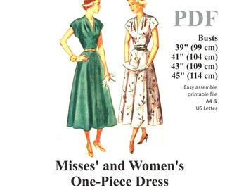 Dress Pattern Late 1940s One Piece Dress Sewing Pattern Busts 39" - 45" (99 - 114 cm) PDF Instant Download Vintage Dress Pattern