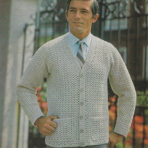 Man&#39;s Crochet Cardigan Jacket Chest 38&quot;-44&quot; Vintage PDF Pattern Instant Download