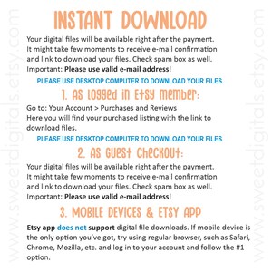 May include: A digital download instruction guide with a peach background and black text. The guide explains how to download digital files after purchase on Etsy, both as a logged-in member and as a guest. It also notes that the Etsy app does not support digital file downloads.