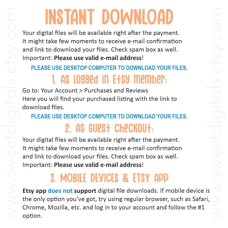 May include: A digital download instruction guide with a peach background and black text. The guide explains how to download digital files after purchase on Etsy, both as a logged-in member and as a guest. It also notes that the Etsy app does not support digital file downloads.