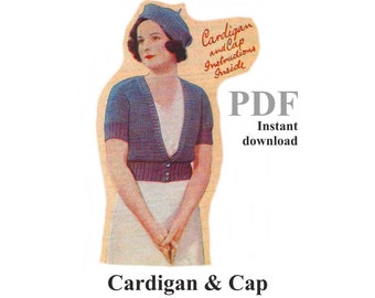 Crochet Cardigan & Cap 1930s Fashion With Knitted Rib Vintage Crochet PDF Pattern. Instant Download